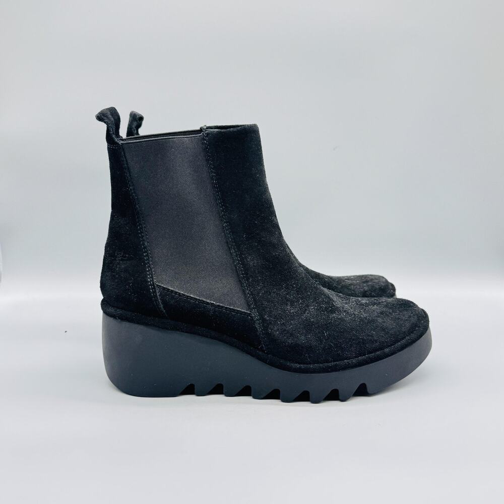 Fly London Boots Womens 10 Black Suede Bagu Chelsea Wedge Platform Ankle Pull On